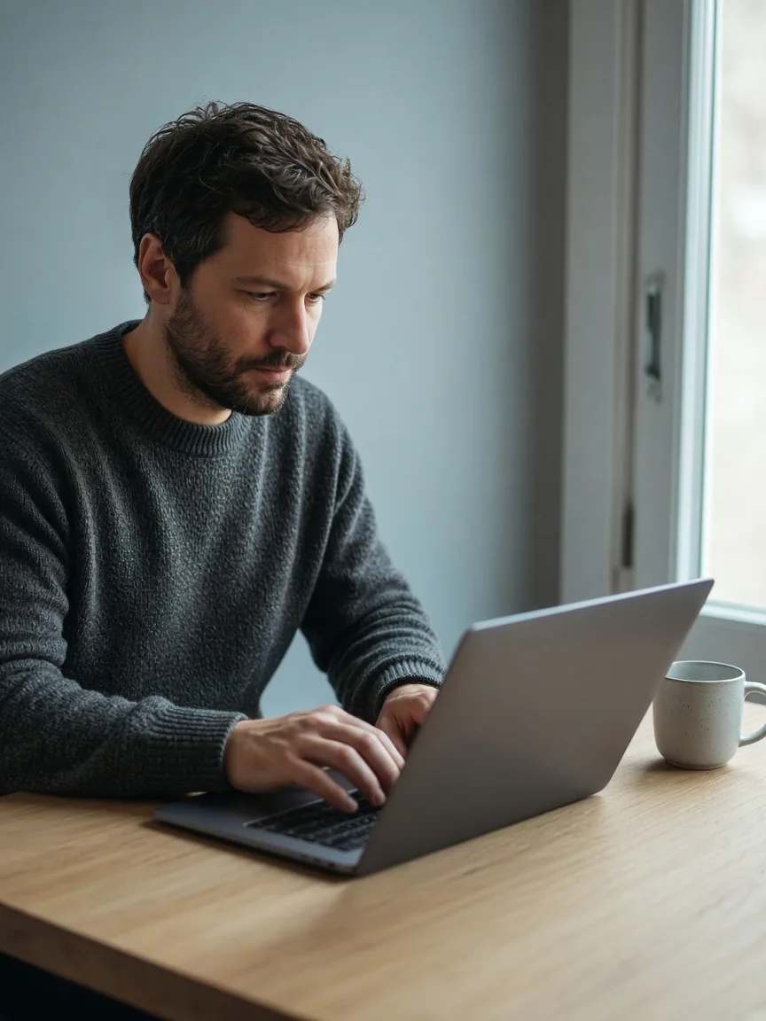 Een bebaarde man vergelijkt providers op een laptop