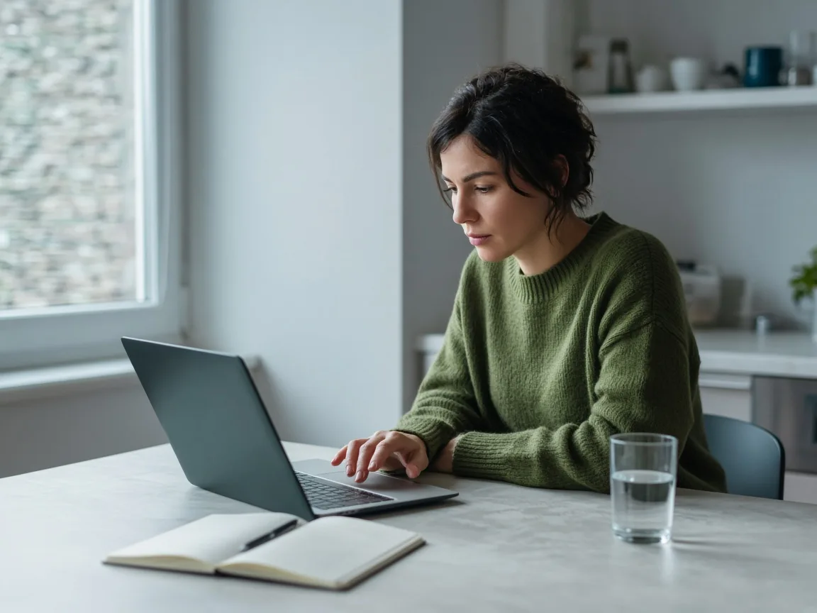 Een vrouw leest op een laptop aan de keukentafel